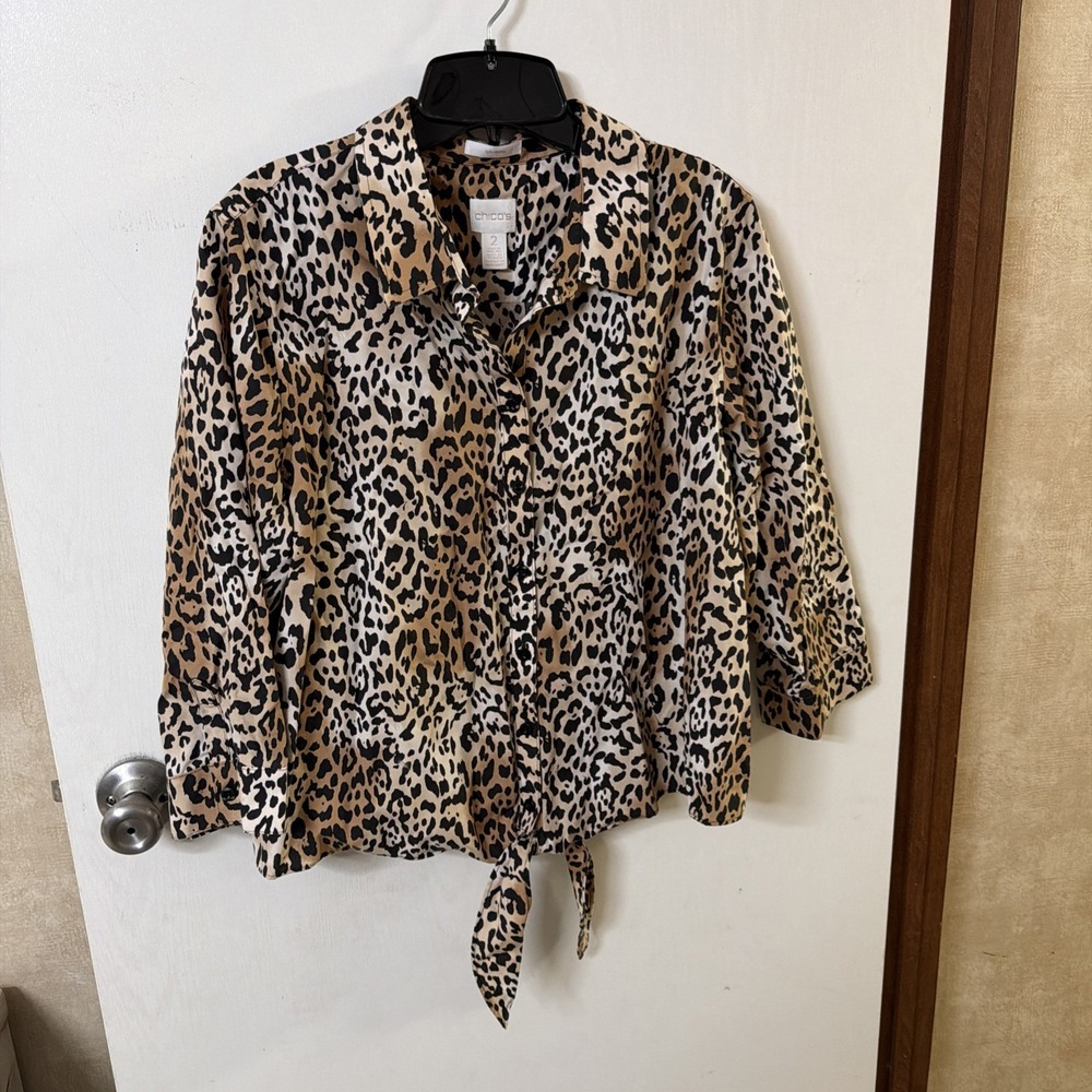 Chico's Animal Print No-Iron Cotton 3/4 Sleeve Button Front Blouse Size 2